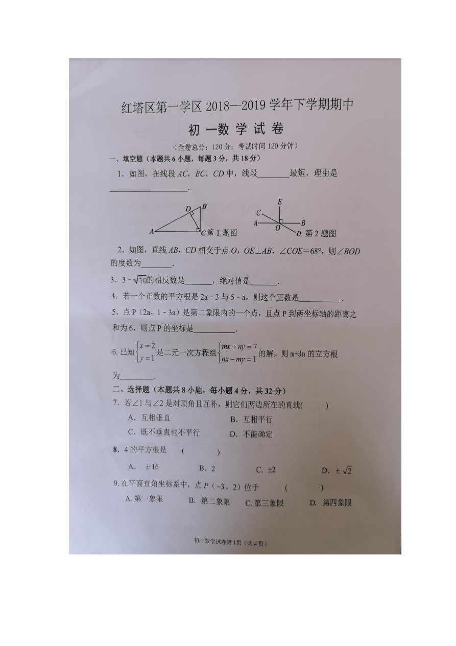 云南省玉溪市红塔区第一学区七年级下学期期中数学试题