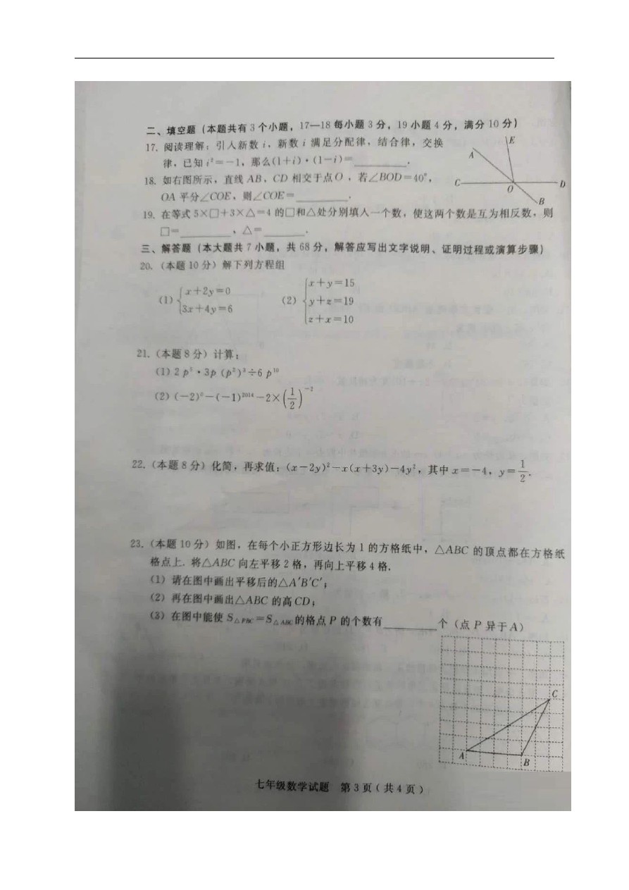 河北省邢台市七年级下学期期中考试数学试题