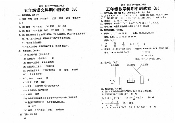 五年级下册数学试题 - 期中测试卷A  人教新课标(含答案)