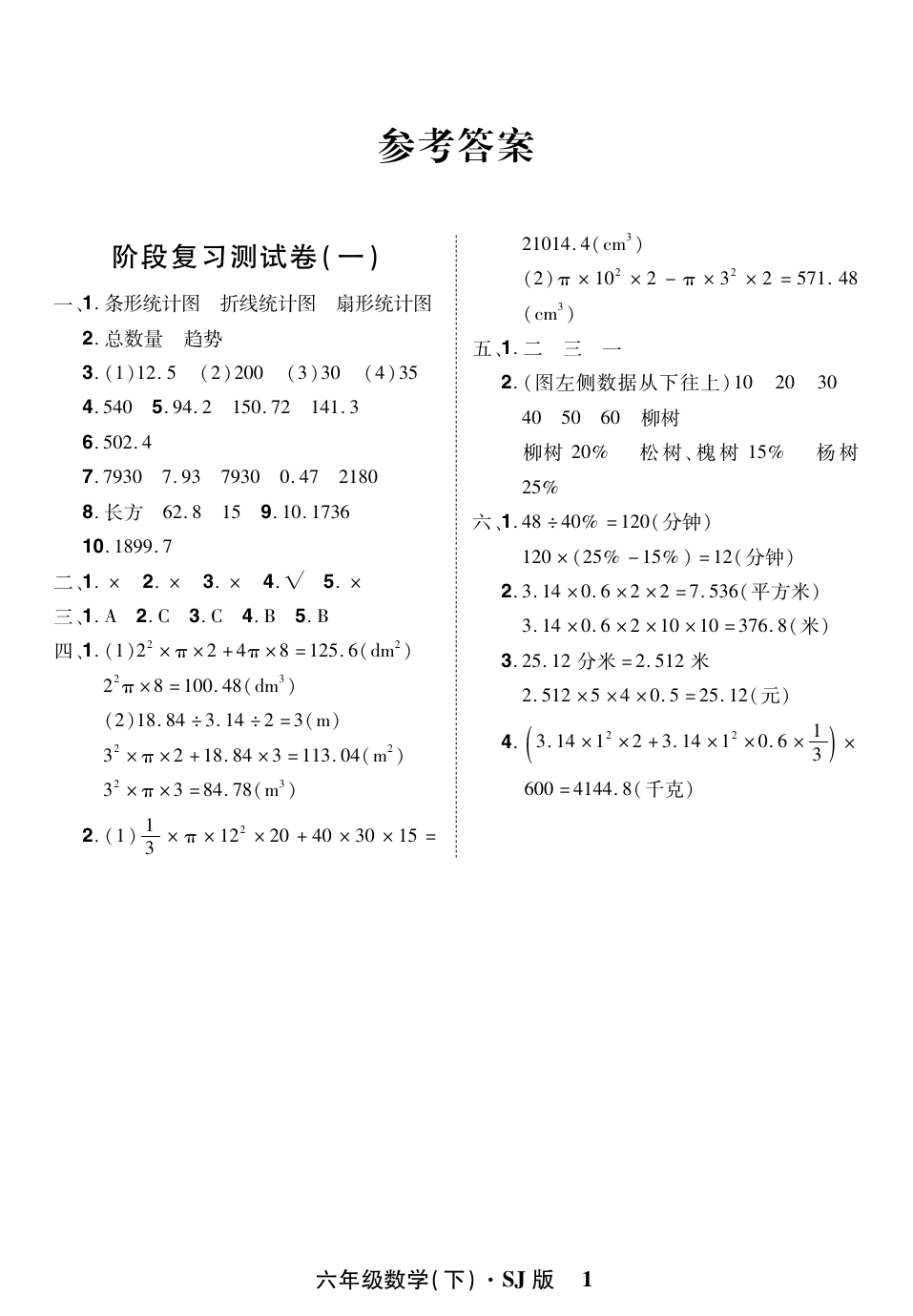 六年级下册数学试题-阶段复习测试卷(一) (第1-2章)( 含答案)苏教版
